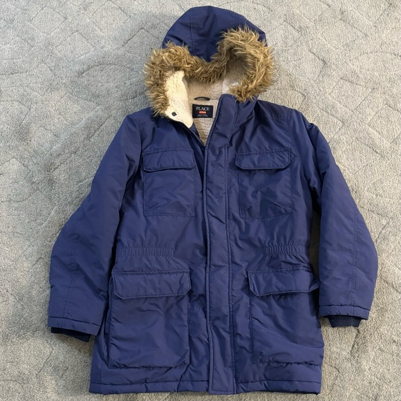 PLACE Warm Blue Winter Parka Coat with Faux Fur Lined Hood Boys Size XXL (16) - Picture 1 of 9